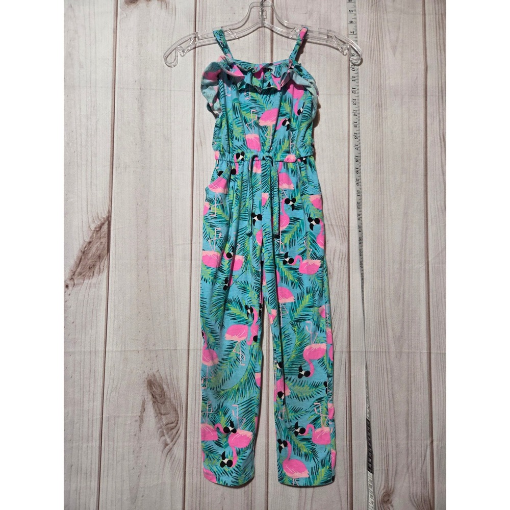Kids FabKids Flamingo Palm Tree Jumpsuit Girls‎ M Ruffle Strap Summer Outfit
